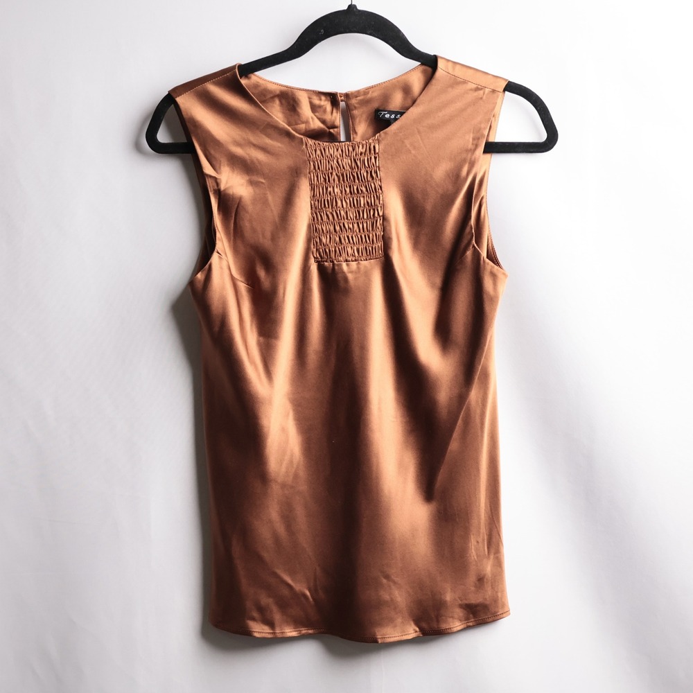Tessuto 100% Silk Satin Sleeveless Smocked Neck Shell Top Copper Brown 10